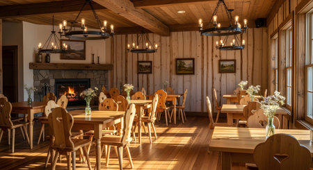 Restaurant showing warmly lit restaurant interior with wooden tables and chairs. resolution...