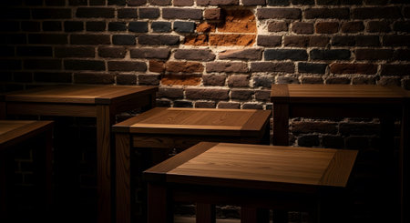 Arranged showing wooden tables arranged against a textured brick wall with dramatic lighting....の写真素材