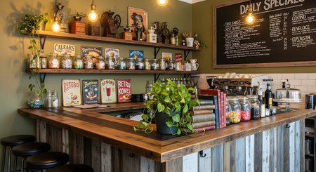 Counter showing rustic coffee shop counter with vintage jars and daily specials menu board...