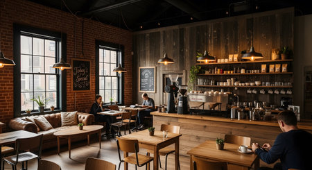 Walls showing warmly lit coffee shop with brick walls and cozy seating areas for patrons.