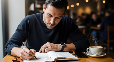 A man in a navy sweater writes in a notebook at a cafe table, a cup of steaming coffee and a...