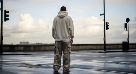 A man in a beige hoodie and cargo pants stands at a wet intersection under an overcast sky.
