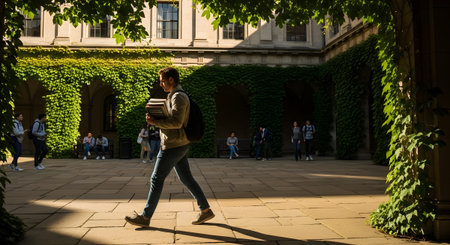 A man carrying books walks through a sunlit courtyard of historic university buildings covered...の写真素材