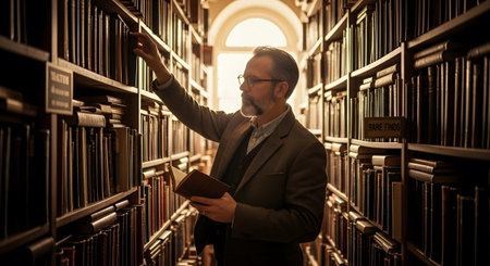 A man with a beard and glasses selects a book from tall, dark wooden shelves in a library.