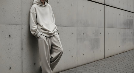 A person in a loose beige hoodie and matching pants leans against a textured concrete wall outdoors.の写真素材