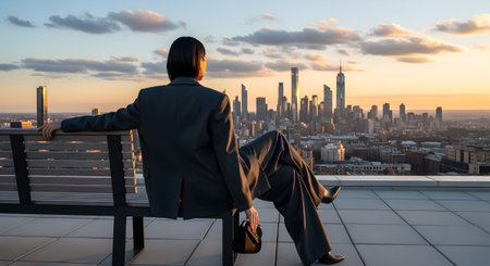 A person in a dark suit sits on a bench, looking out at a city skyline during sunset....の写真素材