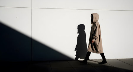 A person wearing a long tan hooded dress walks right, their dark shadow sharply defined against...の写真素材