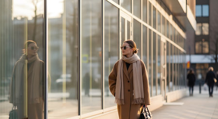 A woman in a camel coat and scarf walks past a building with reflective glass windows in the...