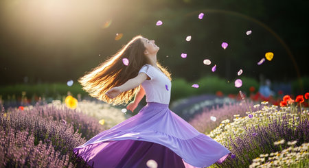 Woman showing woman dancing joyfully in a flower field with petals falling around her.の写真素材