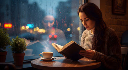 A woman in a brown sweater reads a book with steam rising from a coffee cup by a rainy window at...の写真素材