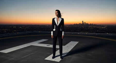 A woman in a black and white suit stands on a helipad overlooking a city at dusk with lights.