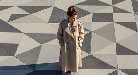 A woman in a beige trench coat stands on a ground with a geometric pattern of grey and white...