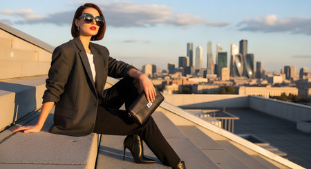 A woman in a dark suit, heels, and sunglasses sits on a rooftop, holding a clutch bag, with a...の写真素材