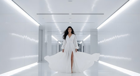 A woman in a flowing white gown stands in a brightly lit, modern white hallway with illuminated...の写真素材