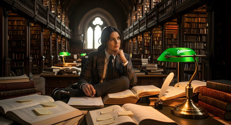 A woman in a plaid blazer studies in a grand library surrounded by books and lit by green desk...