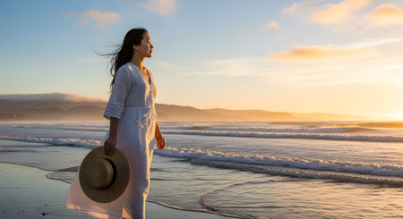 A woman in a white dress stands on a beach holding a straw hat, gazing at the sunset over the...の写真素材