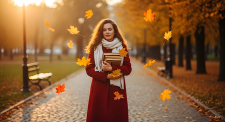 A woman in a red coat holds books while walking in an autumn park, surrounded by falling leaves...の写真素材