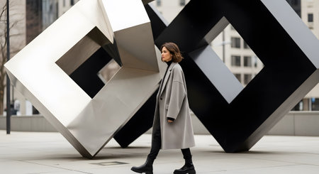 A woman in a grey coat walks past a large, angular outdoor sculpture made of black and silver...の写真素材
