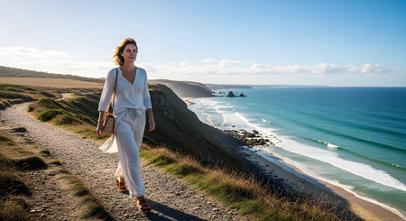 A woman walks along a rugged coastal path overlooking a vibrant turquoise ocean and dramatic...