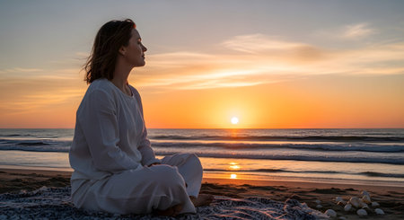 A woman in white clothing meditates on a beach at sunset with the ocean and sky in the background.