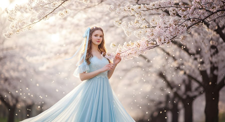 A young woman with a blue ribbon in her hair stands in a cherry blossom grove with petals...