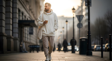 A man in a beige hoodie walks down a city sidewalk holding a coffee cup with blurred buildings...の写真素材