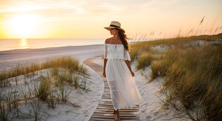 A woman in an off-the-shoulder white dress and straw hat walks on a wooden boardwalk at a beach...の写真素材