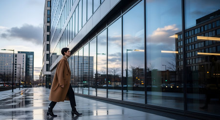 A woman in a brown coat walks on a wet city sidewalk reflecting a modern glass building and...