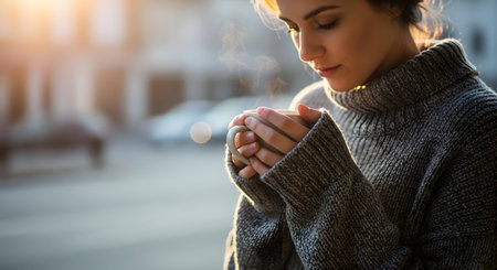 A woman in a grey knit sweater holds a warm cup, looking down with steam rising, in a softly lit...