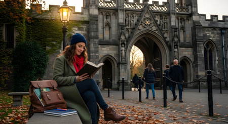 A young woman in a coat and scarf reads a book on a bench near a large stone building with an...