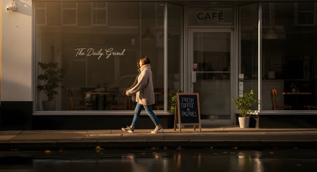 A woman walks by a cafe with a sign for coffee and pastries on a wet sidewalk reflecting sunlight.