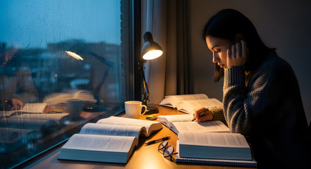 A young woman with glasses studies at a desk with books and a lamp, as rain falls outside the...