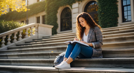 A young woman with curly hair sits on stone steps, writing in a notebook with a pen, wearing...