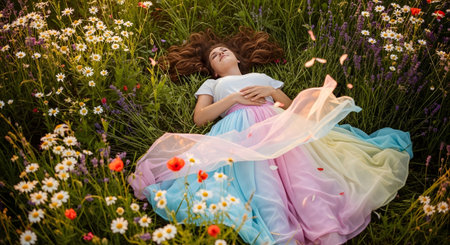 A young girl with eyes closed lies in a vibrant field of wildflowers, her colorful dress spread...