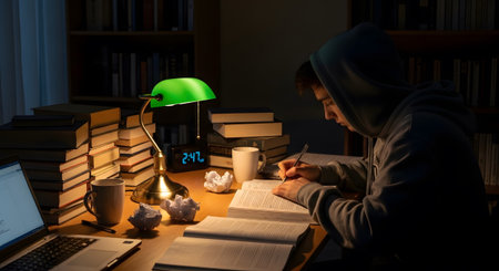 A young man in a hoodie studies diligently at a desk laden with books, a laptop, and a green lamp.