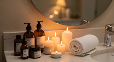 Amber glass skincare bottles and lit candles are placed on a marble countertop with a rolled...