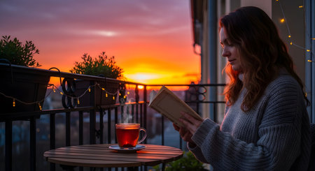 Woman with brown hair reads a book on a balcony with a steaming cup of tea during a vibrant...