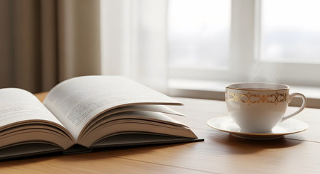 An open book rests on a wooden table next to a white teacup with gold trim, emitting steam near...
