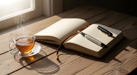 A blank open notebook with a fountain pen and steaming tea in a glass sits on a wooden desk.