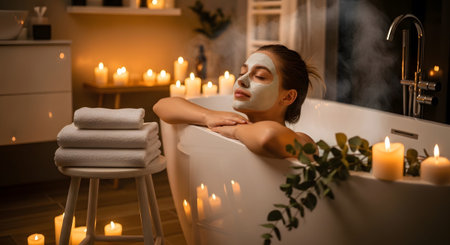 Stock showing woman enjoying a relaxing bath with a face mask surrounded by lit candles and...の写真素材