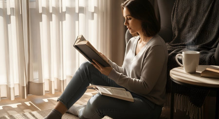 A woman in jeans and a sweater sits on a rug, engrossed in a book, with sunlight streaming...の写真素材