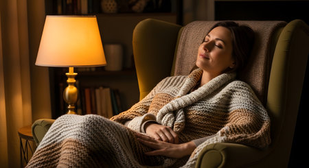 A woman sits in an armchair, wrapped in a knitted blanket, with a warm lamp providing soft...