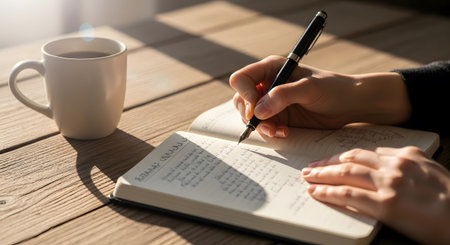 Hands hold a fountain pen writing in an open notebook beside a steaming mug of coffee on a...の写真素材