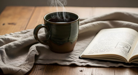 showing a steaming cup of dark tea is placed on a textured napkin beside an open book with...の写真素材
