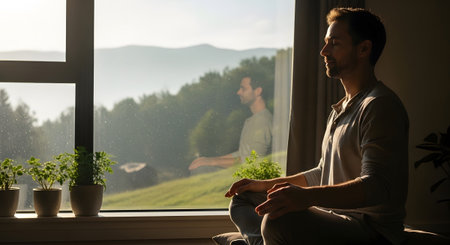 A man sits in a meditative pose by a window, with a view of a green landscape and distant hills.の写真素材