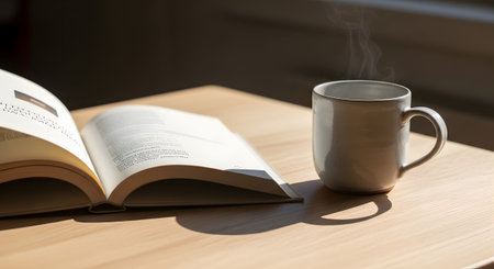 An open book rests on a wooden table next to a white mug with steam rising from a hot beverage...