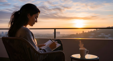 Woman in a chair on a balcony writes in a journal at sunset, with a steaming coffee cup and...