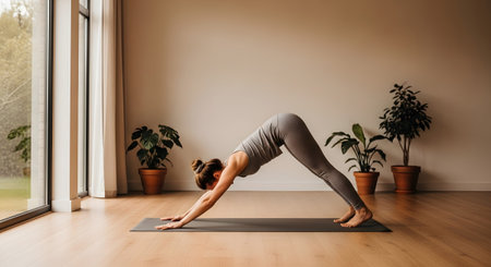 Woman showing woman in downward-facing dog yoga pose on mat in bright room with plants.