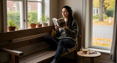 A woman sits on a wooden bench by a window, engrossed in a book, with plants and a coffee cup...の写真素材