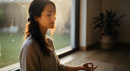 Woman in meditative pose with eyes closed, bathed in warm sunlight from a large window, soft...